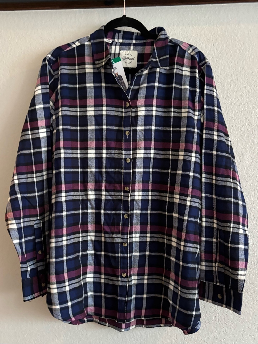 NWT JACHS Girlfriend Navy, Purple & White Plaid Button-Down Shirt With Pockets
